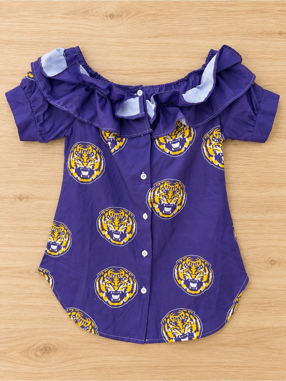 LSU Tiger Print Gameday Ruffle Top purple and gold medium